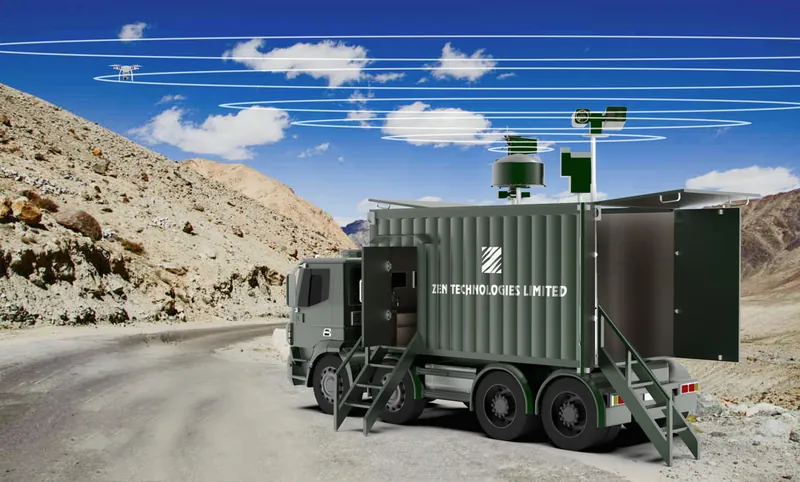 Zen anti drone system in a truck-mounted shelter with radar, RF sensors and camera mast